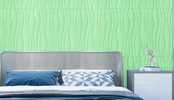 3д панелі в інтер'єрі спальні зелені