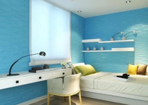 самоклеючі 3d панелі в інтер'єрі блакитні спальні